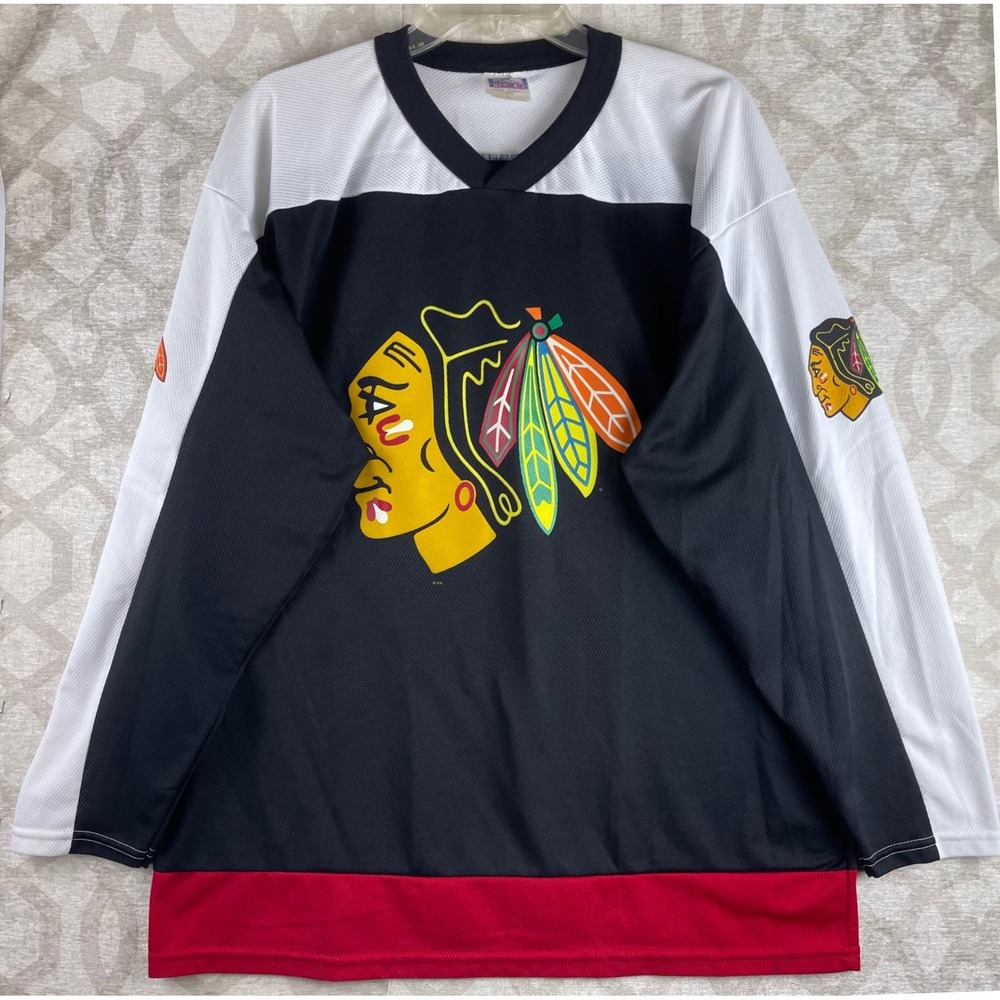 Off‎ The Bench Chicago Blackhawks Mens L Black Vintage NHL Hockey Jersey USA 90s